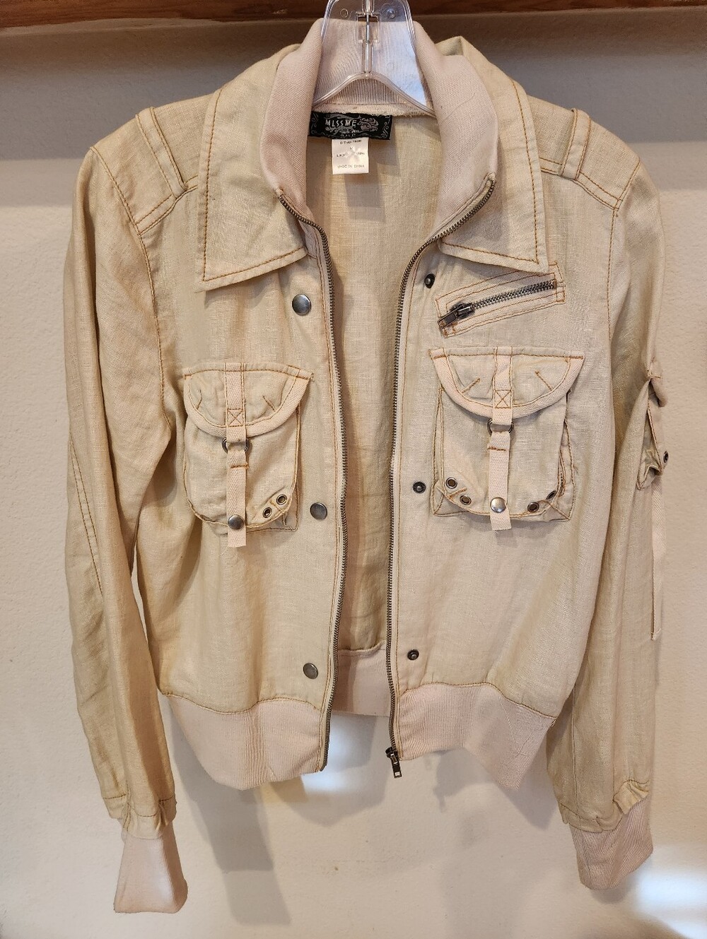 Women's Light Cream Utility Bomber Jacket with Pocket Detail